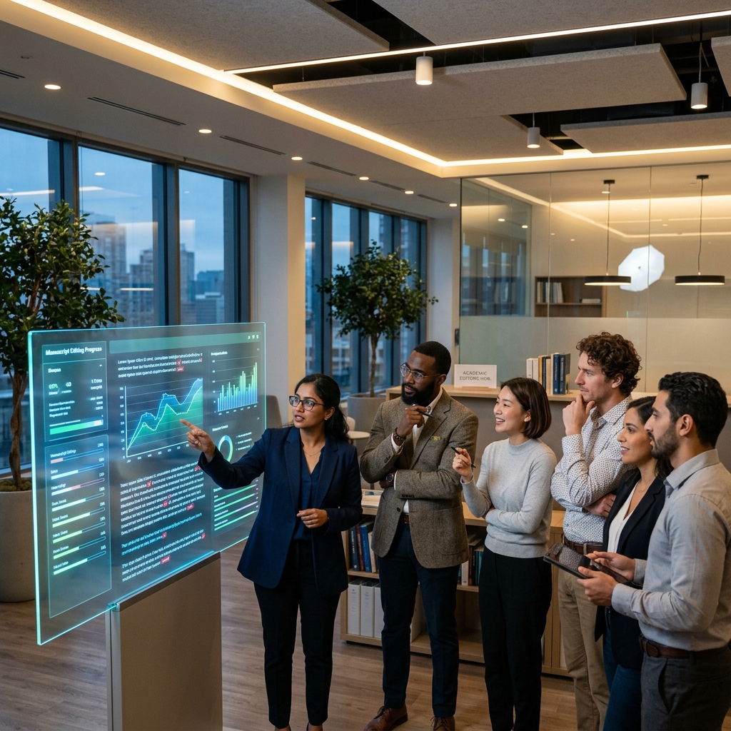 Professional team of academic editors collaborating over a digital research dashboard