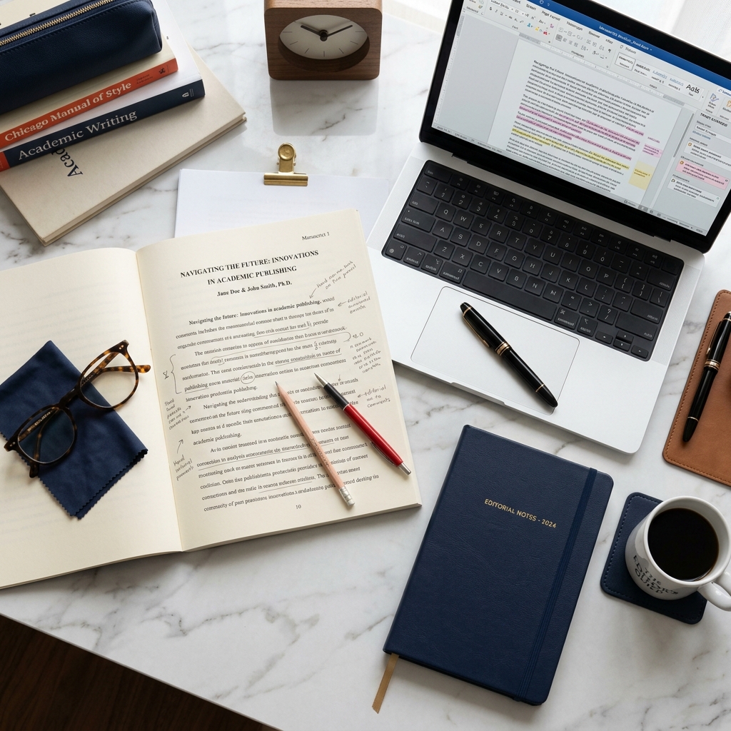 Premium academic workspace with annotated manuscript